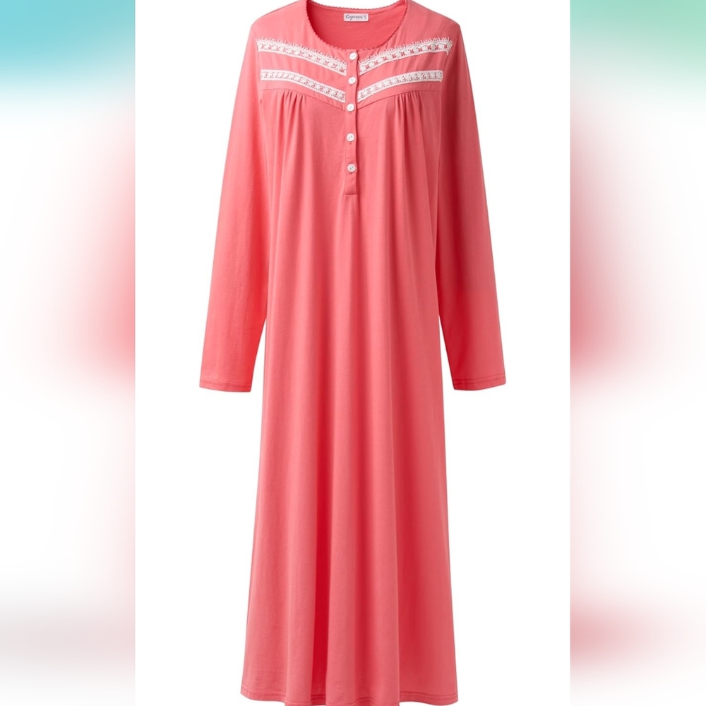 NWOT- Keyocean Women's Coral Long Sleeve Nightgown- Size M- 100% Cotton